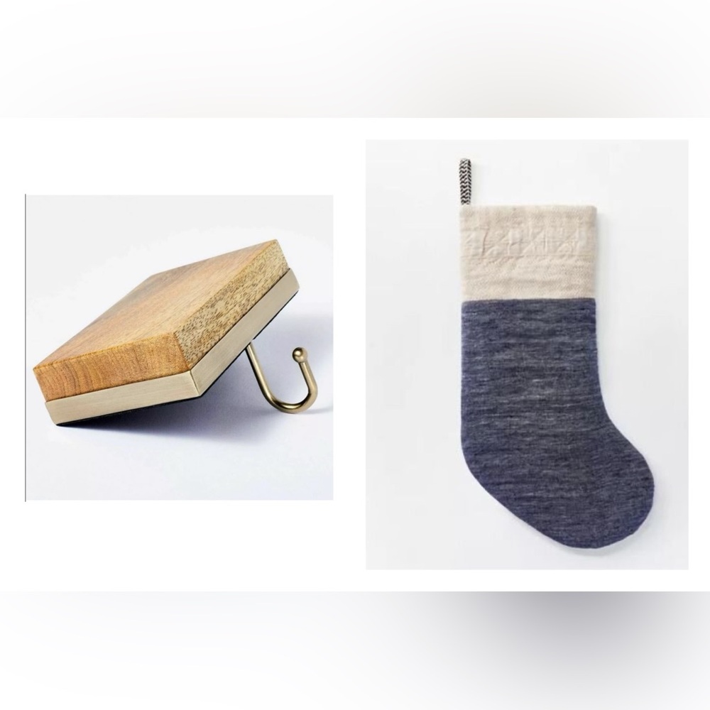 SET OF 2 Studio McGee Navy Blue Linen Christmas Stockings Gold Wood Hook Hanger